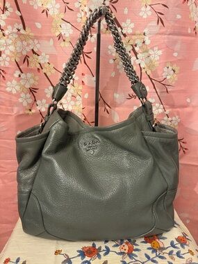 Prada Cervo Lux Deer Leather Hobo Bag Purse Grey Vintage Authentic